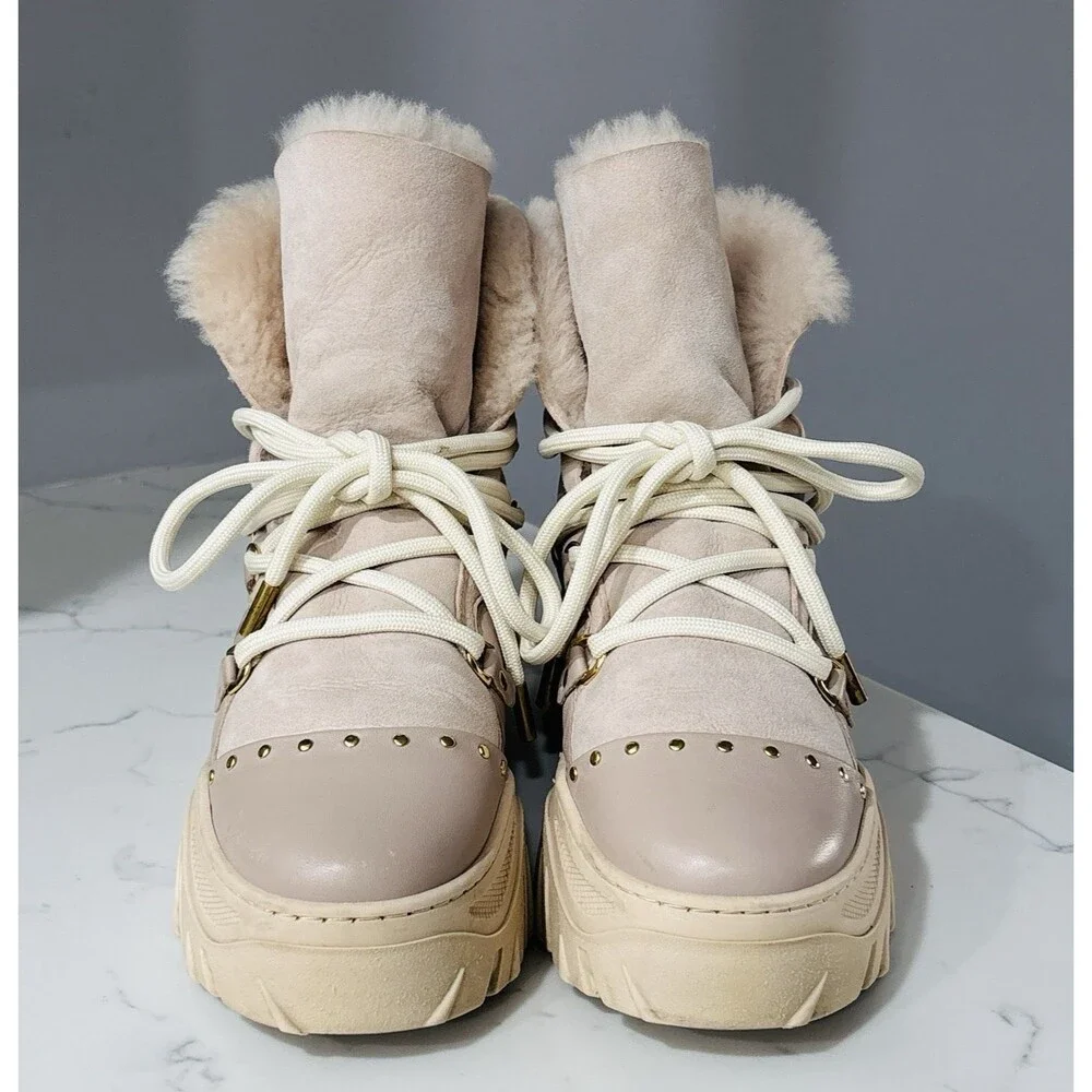 Inuikii Boots Womens 40 Leather Shearling Lined Winter Lace Up Platform Studded